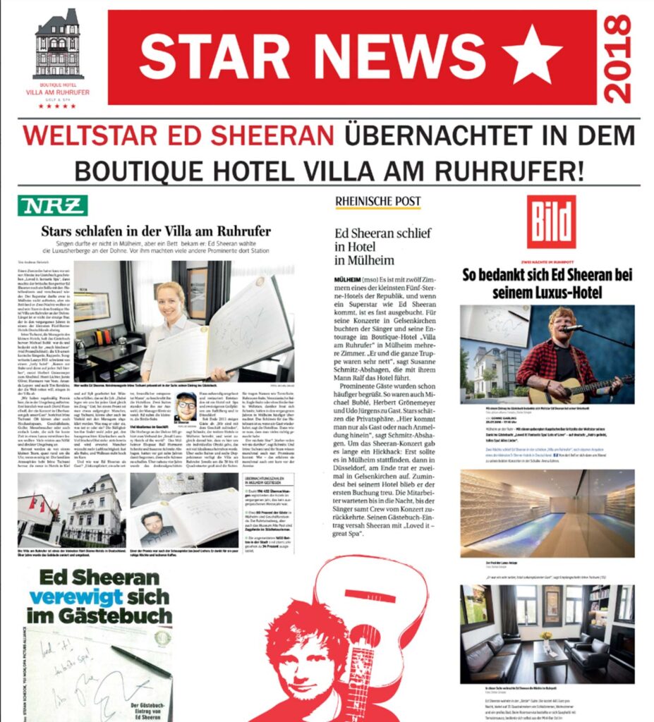 Übersicht über verschiedene Zeitungsartikel die alle über die Aufenthalte des Weltstars Ed Sheeran in der Villa am Ruhrufer berichten.